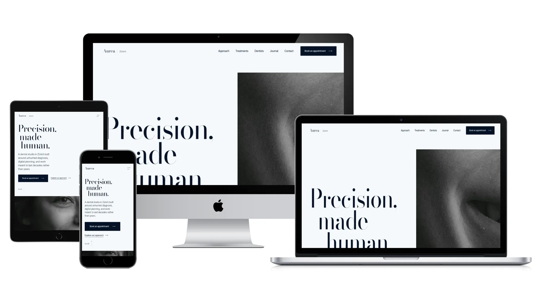 The Aurea dental studio concept site shown on a desktop, laptop, tablet and phone