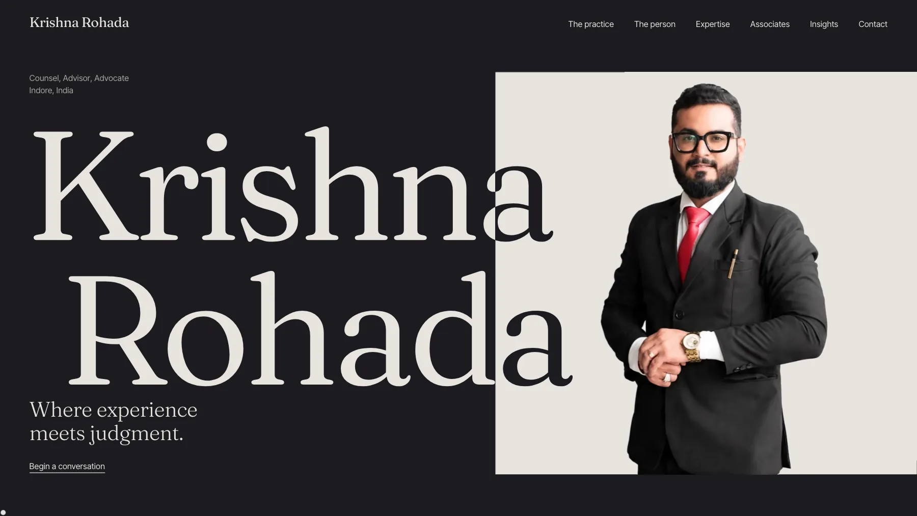 The homepage of the Krishna Rohada concept site, the advocate's name set large beside his portrait