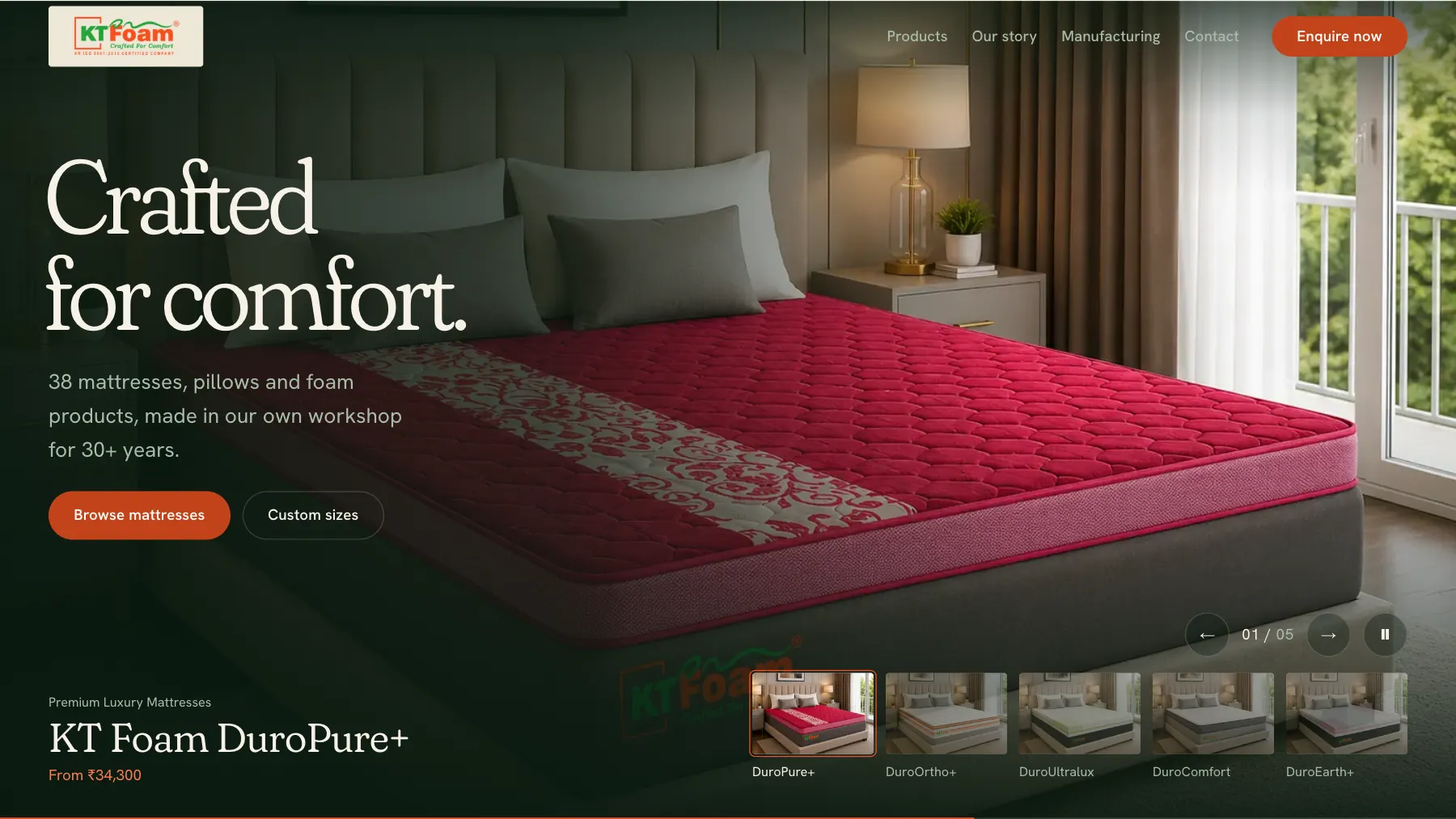 The homepage of the KT Foam concept site, opening on a mattress in a bedroom