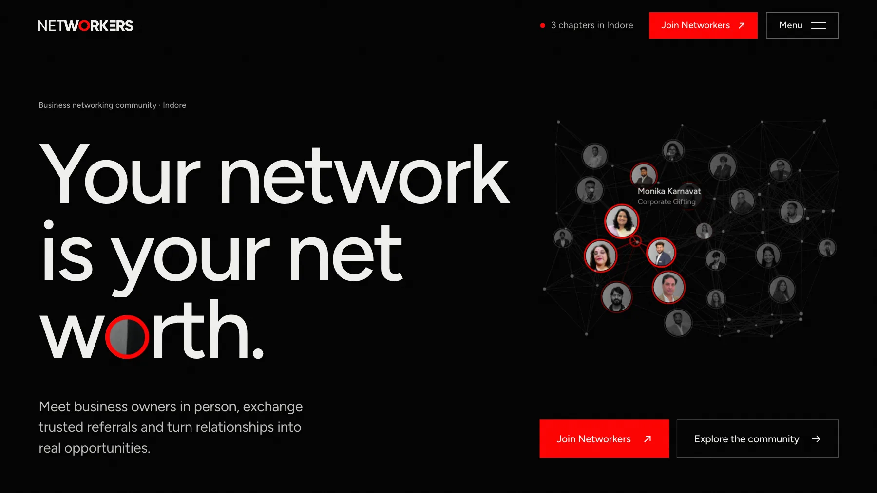 The homepage of the Networkers concept site, a headline beside a web of member portraits
