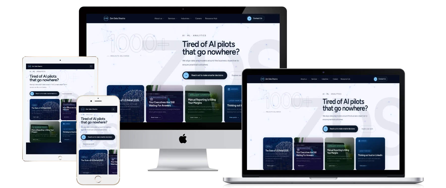The Zen Data Shastra website on a desktop, laptop, tablet and phone, opening on the headline “Tired of AI pilots that go nowhere?”
